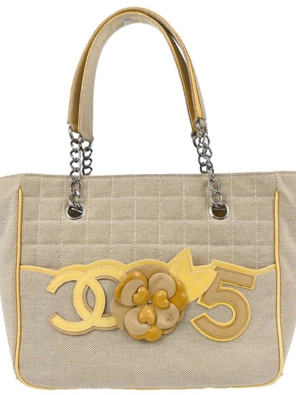 Chanel Black Yellow Canvas Camellia No.5 CC Tote Handbag 198199